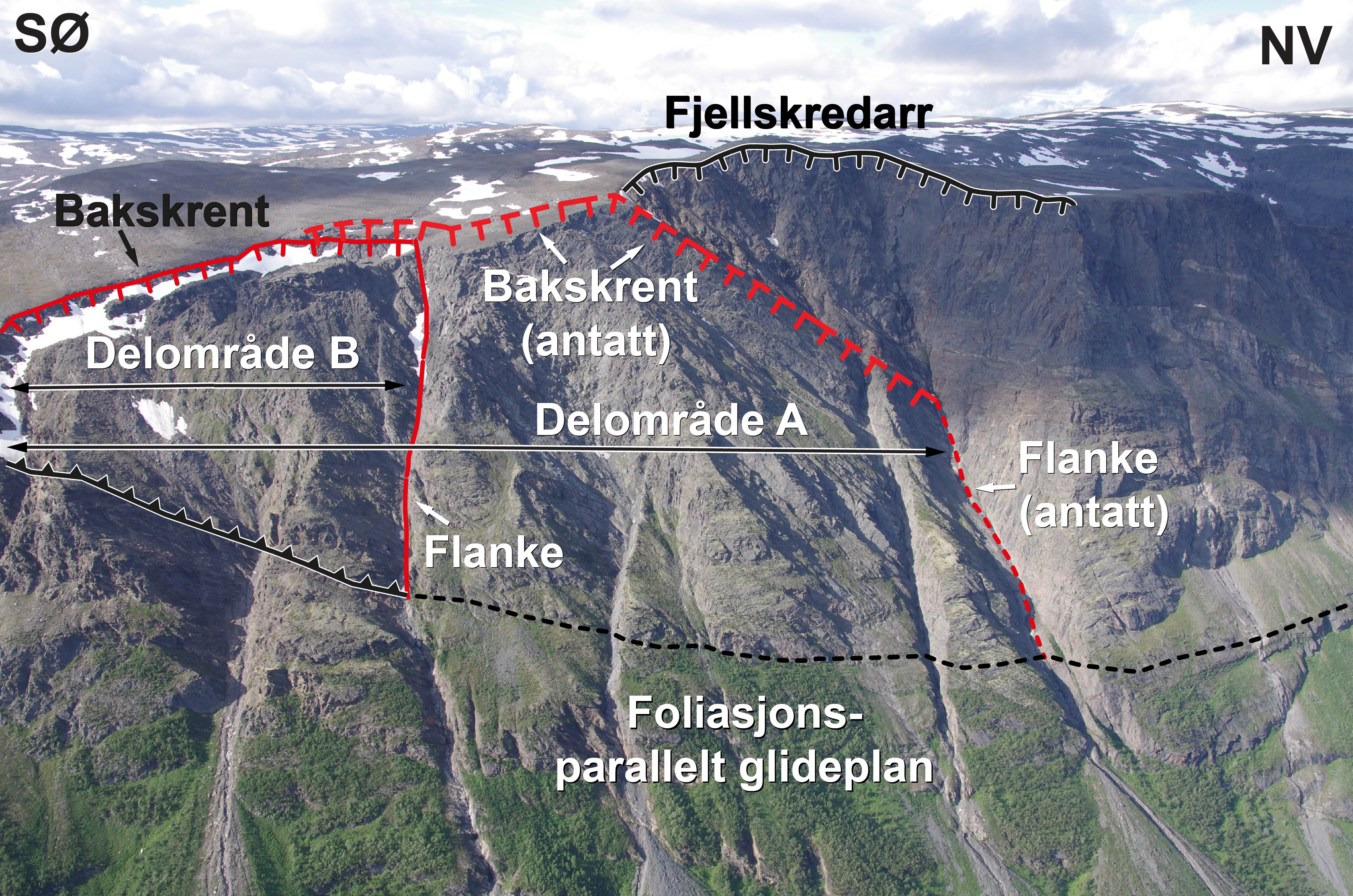 Oversiktsbilde over det ustabile fjellpartiet. Foto: M.Böhme, NGU