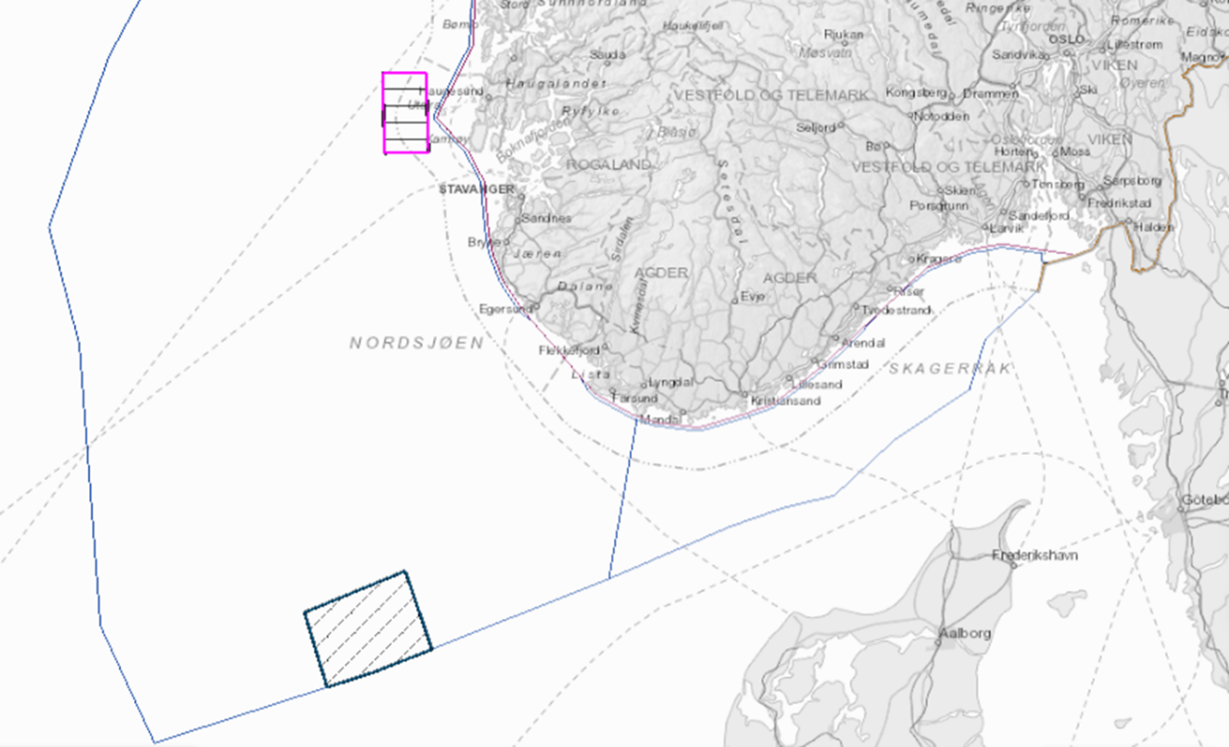 Kartet viser de to havområdene hvor det er åpnet for søknader om fornybar energiproduksjon, Utsira Nord og Sørlige Nordsjø II