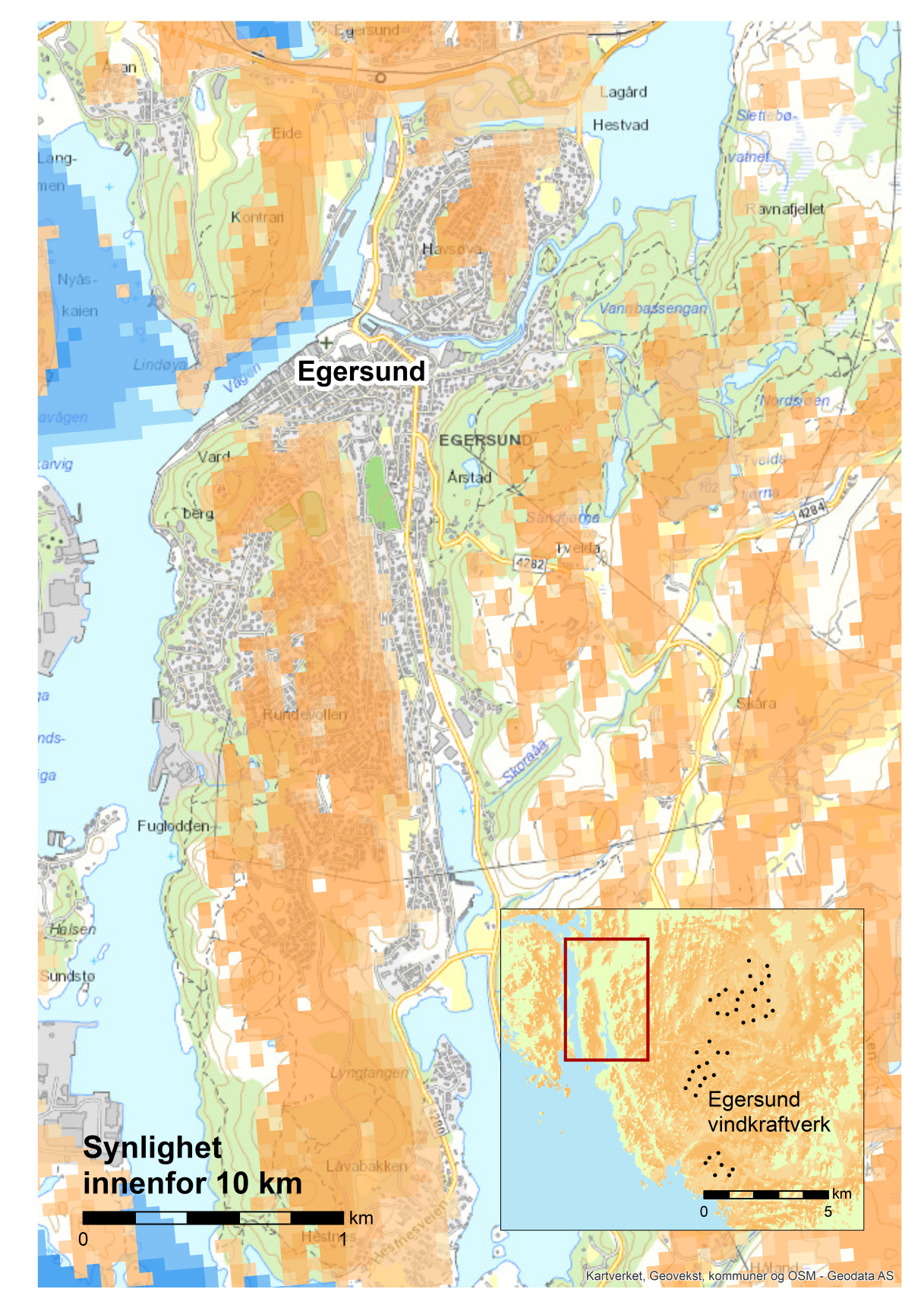 Eksempel på synlighet i tettbebyggelse. Her fra sentrale deler av Egersund mot Egersund vindkraftverk, som ligger øst for sentrum. Kilde: Miljødirektoratet