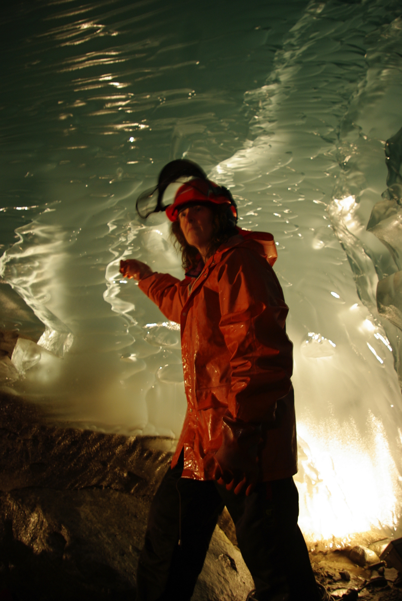 Miriam Jacson working in the ice cave made by hot water melting on 21st March 2009.